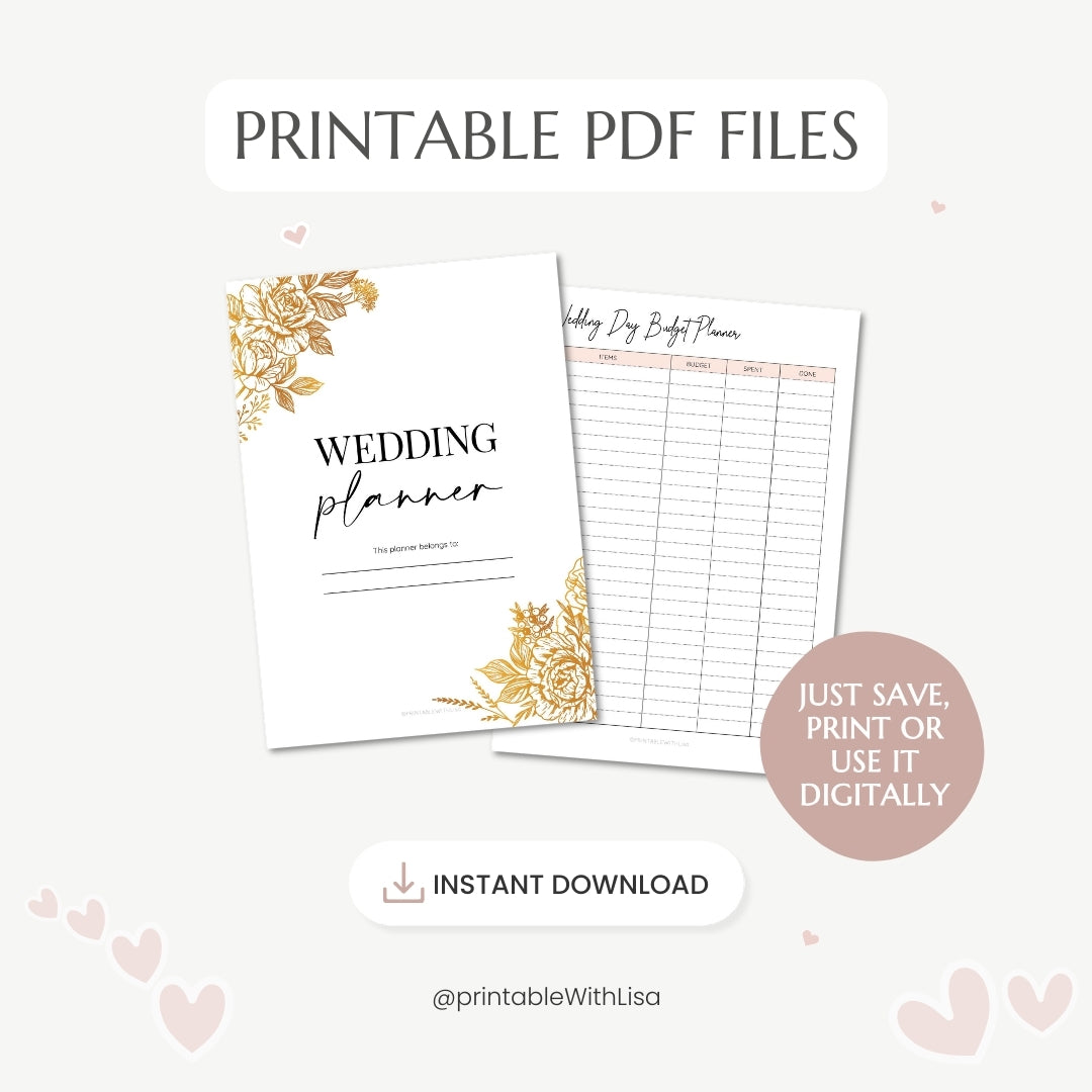 Wedding Planner | 34 Page Printable Wedding Organizer for Bride & Groom, Checklist, Budget & Timeline