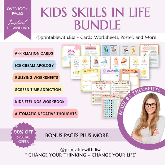 Kids skills in life essential bundle, 90% off, over 240 products. Therapy worksheets, calming corner, coping skills, anxiety, CBT worries