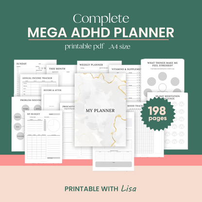 Mega ADHD Printable For Growth Mindset, ADHD Journal, ADHD Productivity Planner, ADHD Life Planner, Printable ADHD Planner