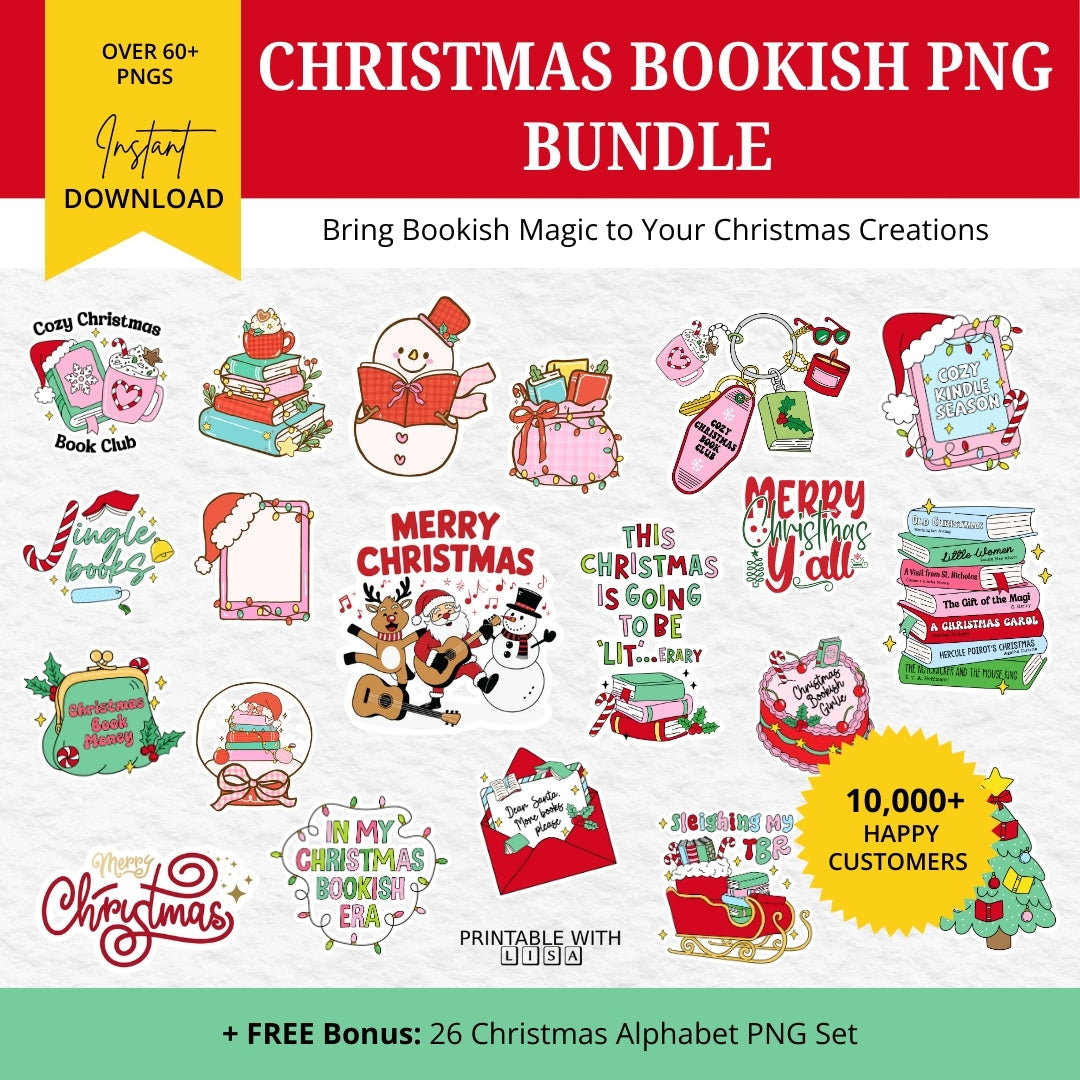 Christmas Bookish PNG Bundle – Cozy Book Lover Clipart Set
