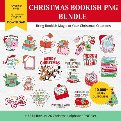 Christmas Bookish PNG Bundle – Cozy Book Lover Clipart Set