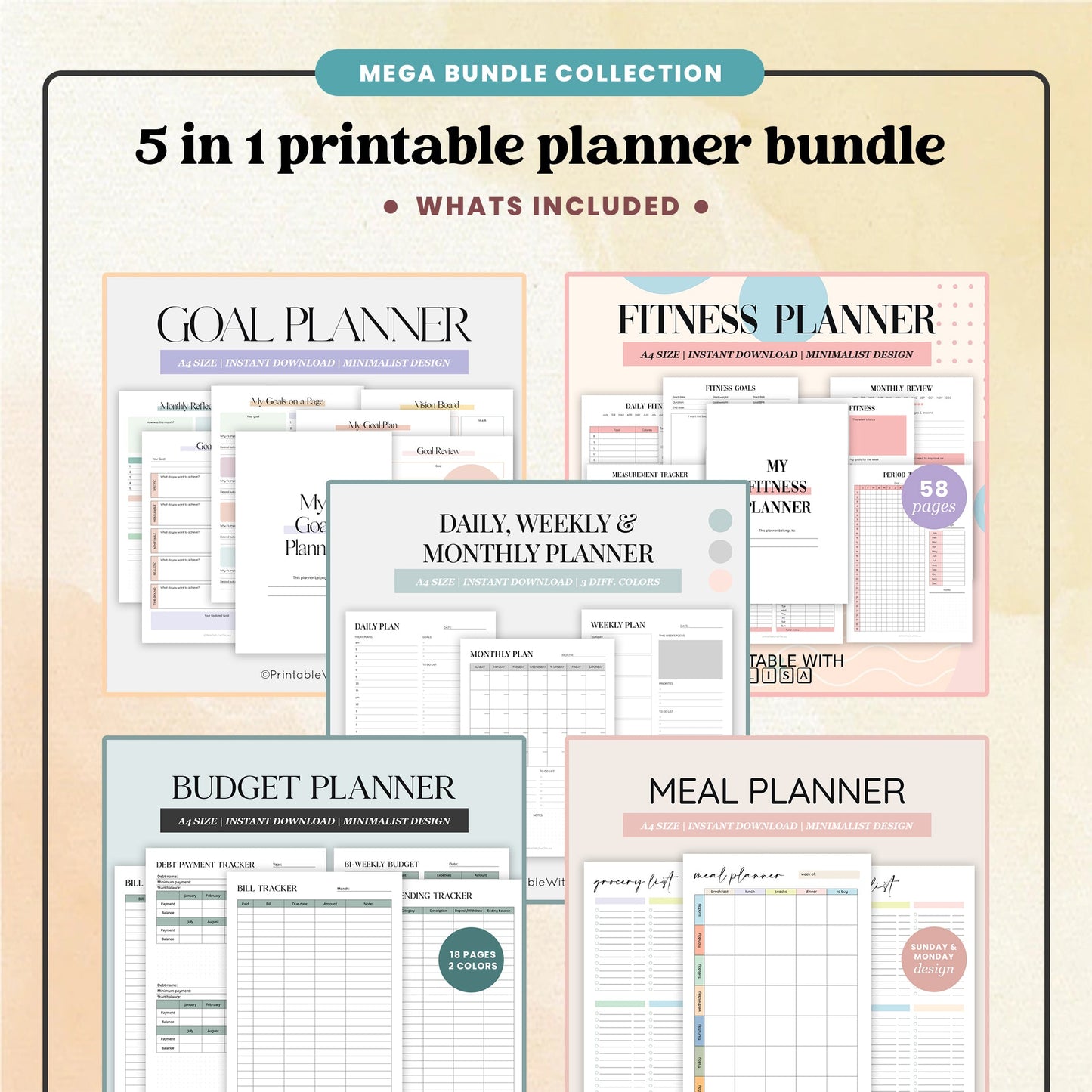 5 IN 1 Printable Planner Bundle - PRINTABLEWITHLisa