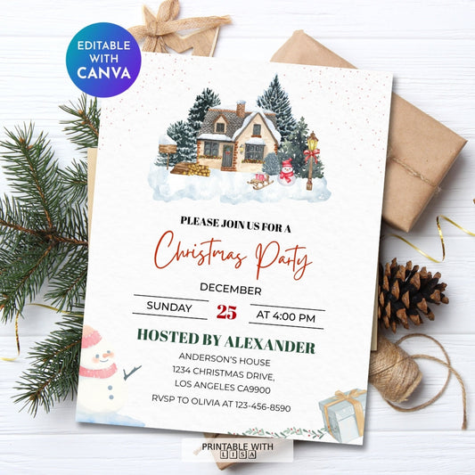 Cozy Christmas Party Invitation Template – Winter Cottage Holiday Invite