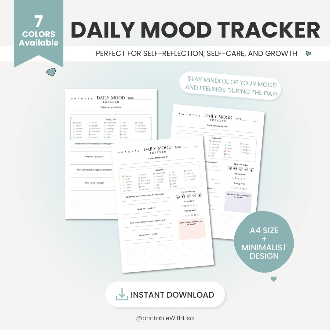 Daily Mood Tracker Printable, Self Care Journal, Mood Journal, Mental Health Tracker, Anxiety Tracker