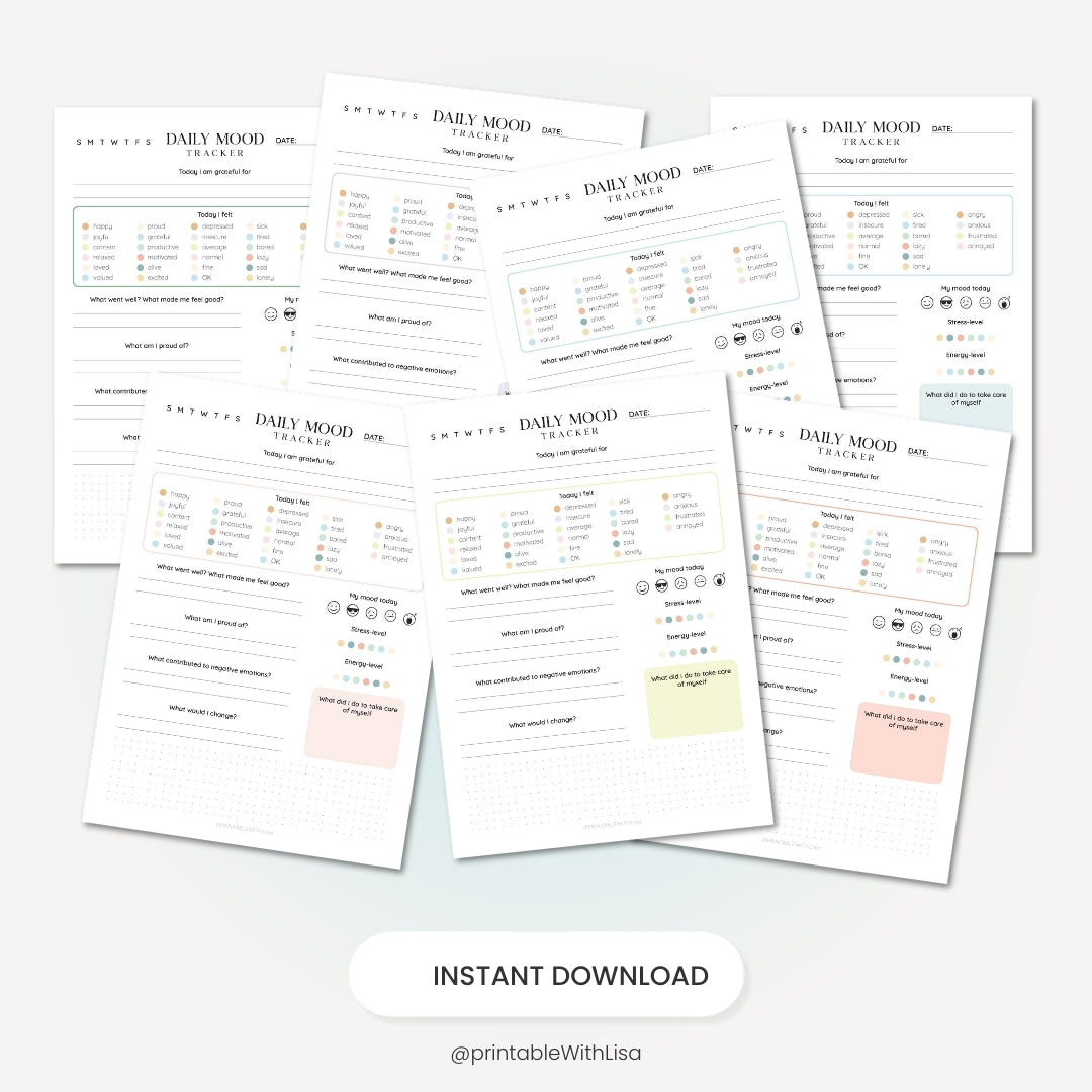 Daily Mood Tracker Printable, Self Care Journal, Mood Journal, Mental Health Tracker, Anxiety Tracker