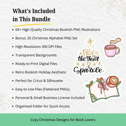 Christmas Bookish PNG Bundle – Cozy Book Lover Clipart Set