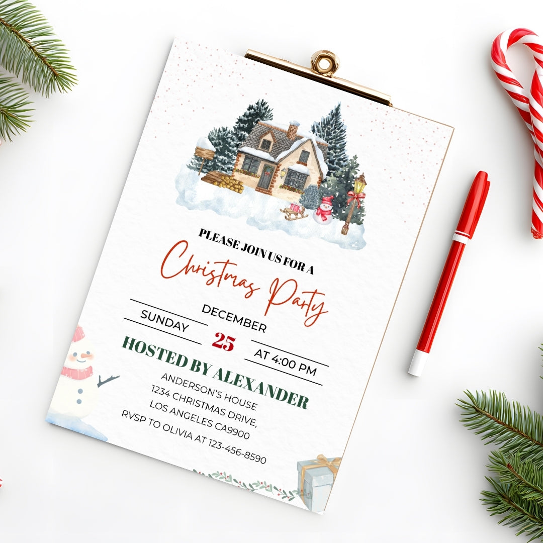 Cozy Christmas Party Invitation Template – Winter Cottage Holiday Invite