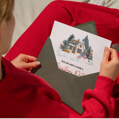 Cozy Christmas Party Invitation Template – Winter Cottage Holiday Invite