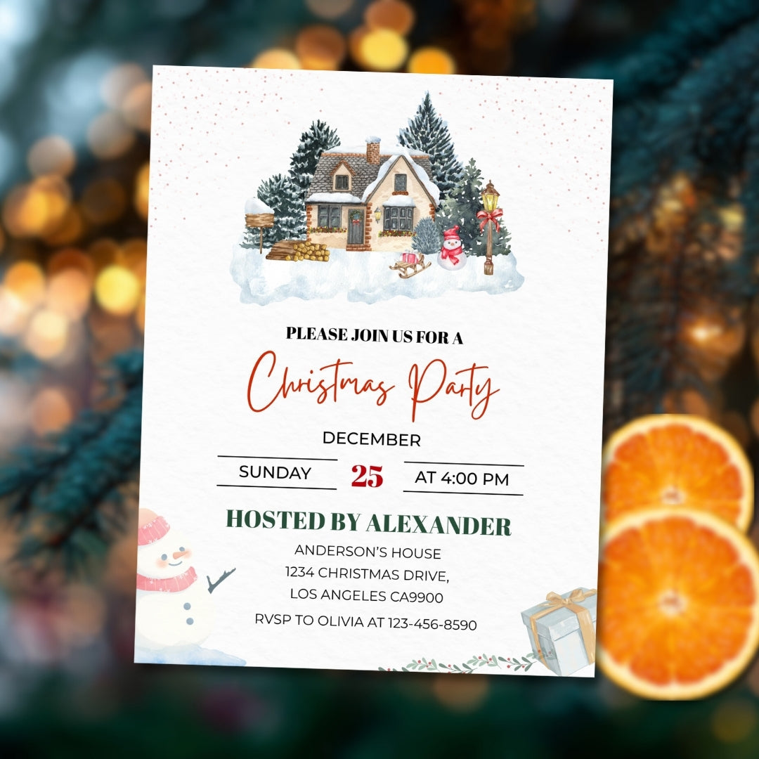Cozy Christmas Party Invitation Template – Winter Cottage Holiday Invite