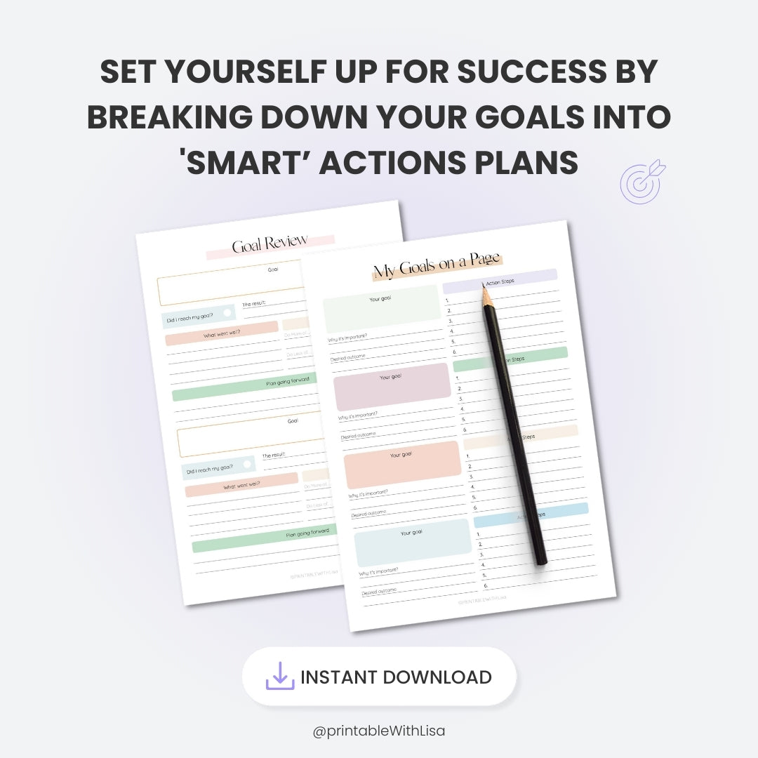 Goal Planner Kit, Goals Tracker, SMART Goal Setting, New Year, Monthly Habits Reflections, Productivity