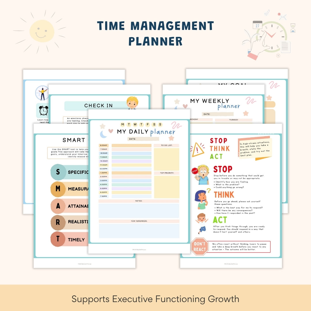ADHD Executive Functioning Worksheet Bundle for Kids & Teens | Emotional Regulation, Time Management & Focus Tools (130+ Pages)