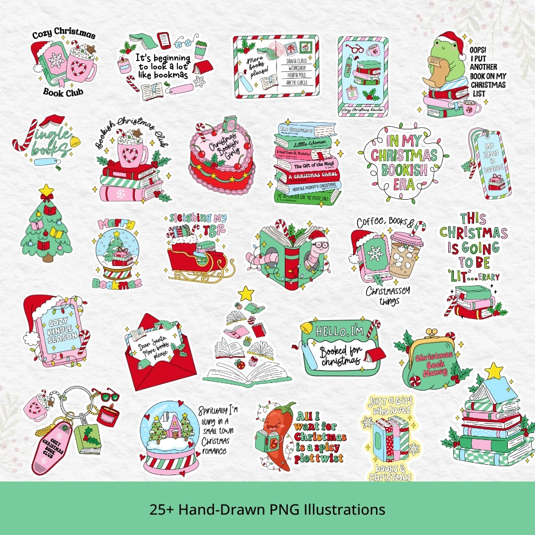 Christmas Bookish PNG Bundle – Cozy Book Lover Clipart Set