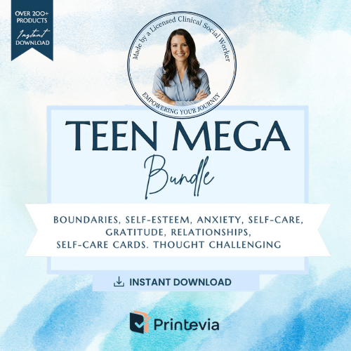 Teen mega 90% off bundle, therapy worksheets, healing journey, depression, anxiety, cognitive distortions, affirmations, boundaries