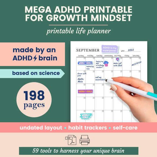 Mega ADHD Printable For Growth Mindset, ADHD Journal, ADHD Productivity Planner, ADHD Life Planner, Printable ADHD Planner