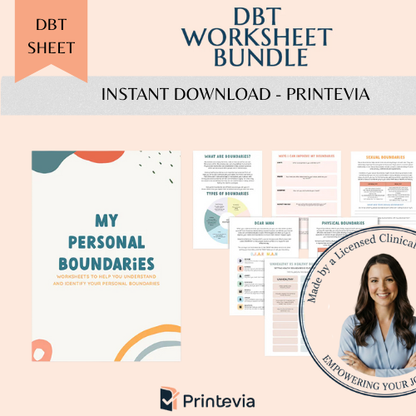 DBT Worksheet Bundle with Printevia branding on a light pink background