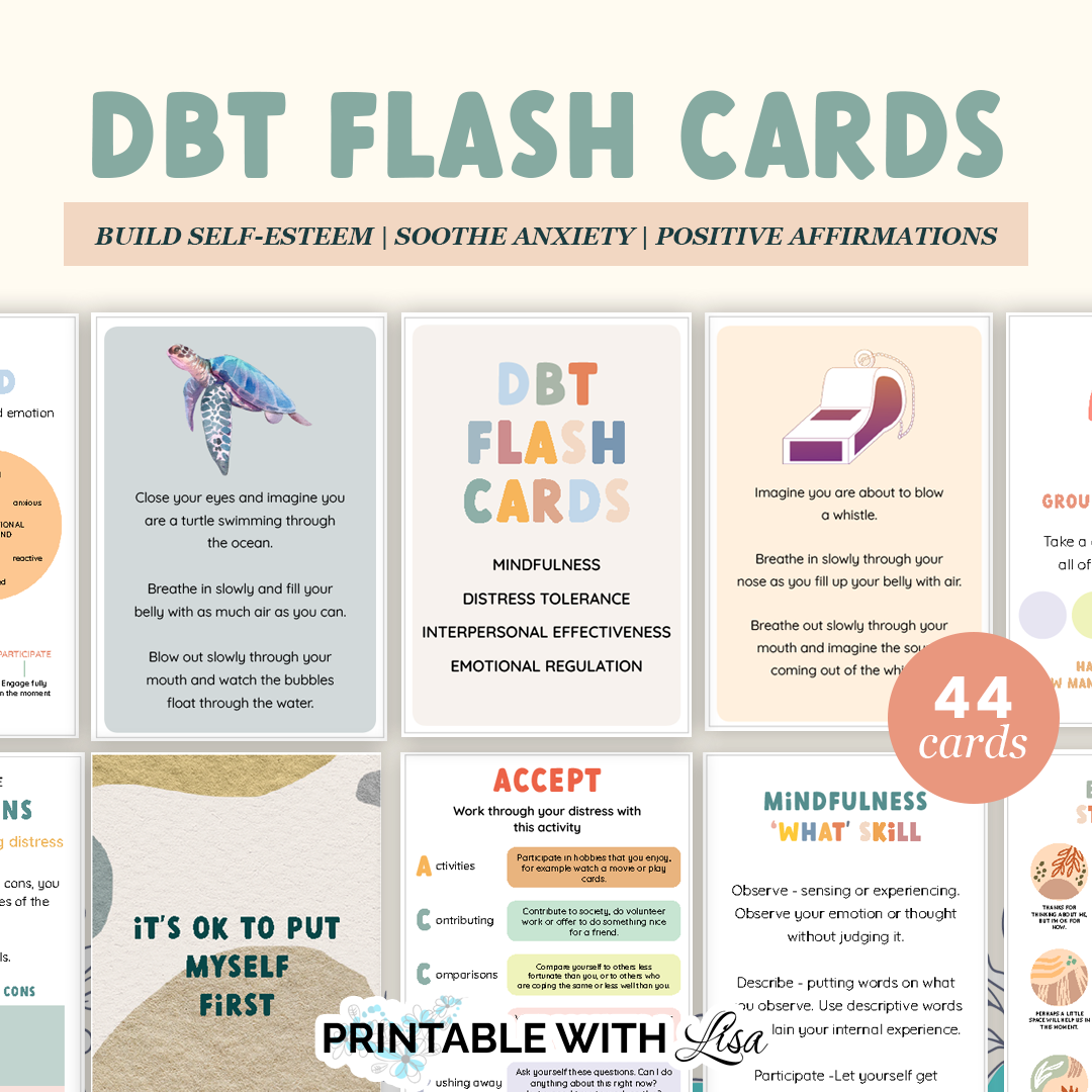 DBT Coping Skills Flash Cards | 44 Printable Therapy Cards for Anxiety, Emotional Regulation & Mindfulness