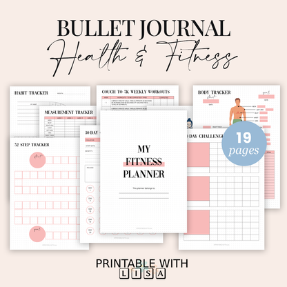 Bullet Journal Printable- Health and Fitness Planner - Dotted Grid - BUJO